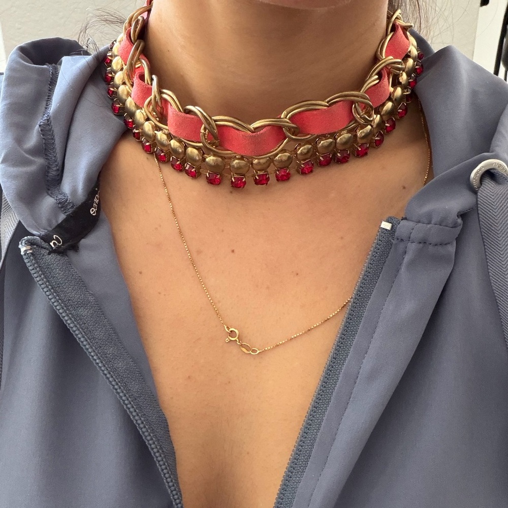 Gold and Coral Pink Chain-Link Choker Necklace - Women Jewelry